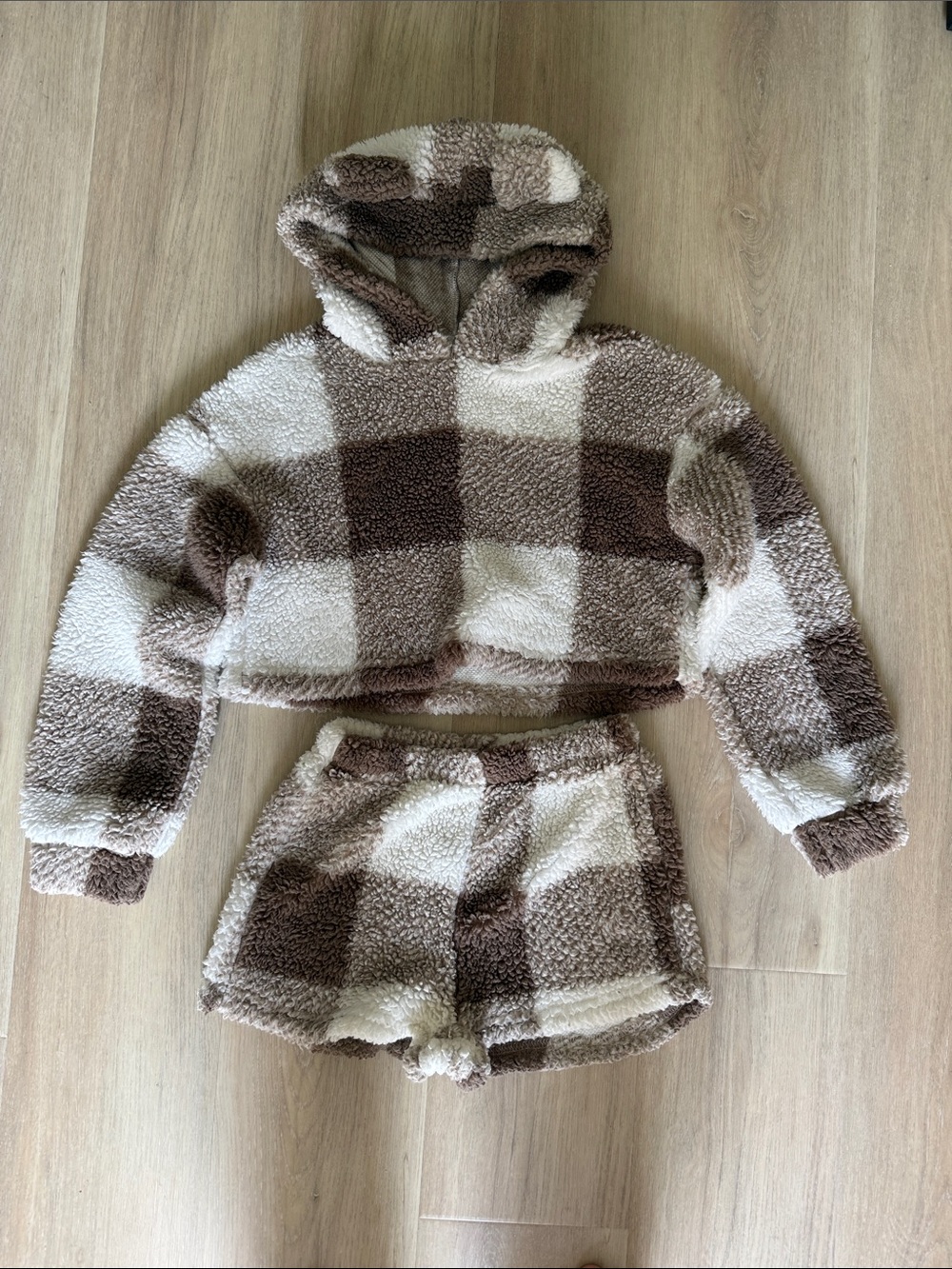 SHEIN Brown and Cream Plaid Sherpa Hoodie & Short Set - Kids